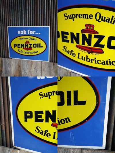 画像1: ビンテージ PENNZOIL 両面メタル看板